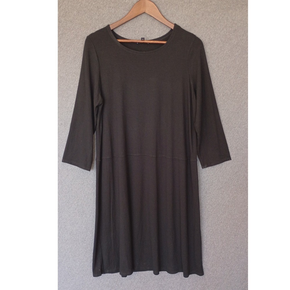 Eileen‎ Fisher Black Viscose Jersey Knit 3/4 Sleeve Shift Dress L Round Neck